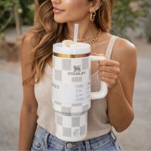 Stanley 40oz Quencher H2.0 Tumbler White Checkered Gold Handle Cup w/ Straw